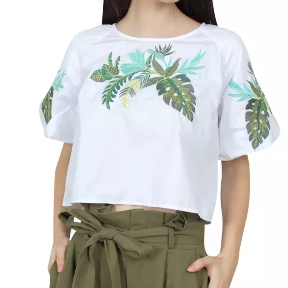 White and Green Tropical Crop Top Medium Embroidered Balloon Short Sleeve